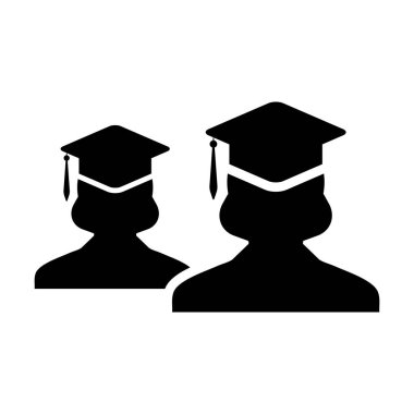 Knowledge icon vector female group of students person profile avatar with mortar board hat symbol for school, college and university graduation degree in flat color glyph pictogram illustration