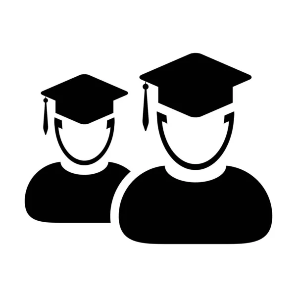 Vetor de ícone de estudante grupo masculino de perfil de pessoa avatar com símbolo de chapéu de placa de argamassa para a escola, faculdade e graduação universitária em ilustração de pictograma de glifo de cor plana — Vetor de Stock