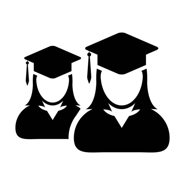 学生アイコンベクトル人の女性グループフラットカラーグリフピクトグラムイラストで学校、大学や大学の卒業学位のためのモルタルボード帽子のシンボルとアバター — ストックベクタ