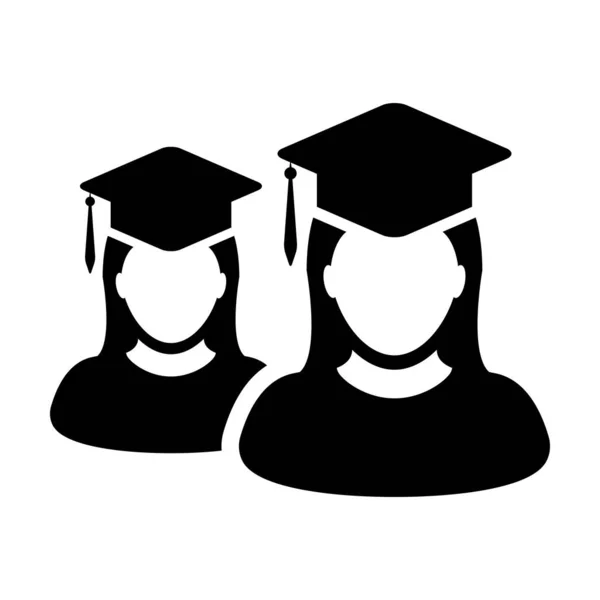 Éducation icône vecteur groupe féminin d'étudiants profil de personne avatar avec panneau de mortier chapeau symbole pour l'école, collège et université diplôme en illustration de pictogramme de glyphe de couleur plate — Image vectorielle