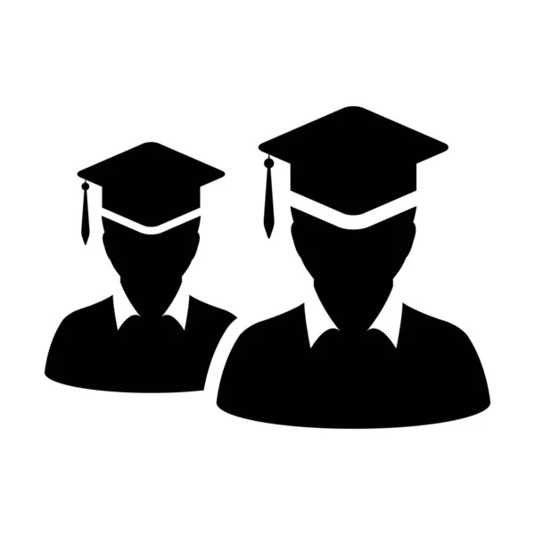 Icono de estudio vector grupo masculino de estudiantes avatar de perfil de persona con símbolo de sombrero de mortero para la escuela, universidad y grado de graduación universitaria en ilustración de pictograma de glifo de color plano — Archivo Imágenes Vectoriales