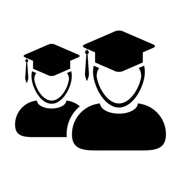 Vetor ícone da faculdade grupo masculino de estudantes perfil pessoa avatar com argamassa placa chapéu símbolo para a escola e graduação universitária grau em cor plana glifo pictograma ilustração —  Vetores de Stock