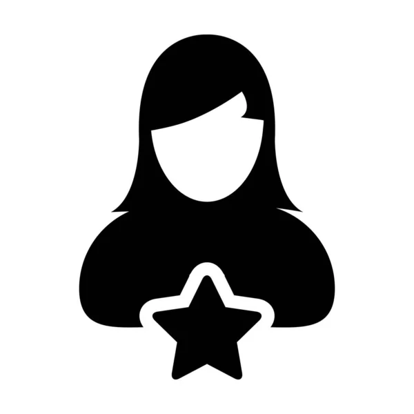 星付きのアイコンベクトルを評価する女性ユーザープロフィールアバターシンボルをグリフピクトグラムイラストで表示 — ストックベクタ
