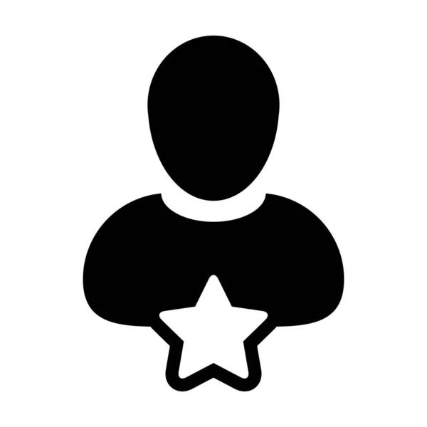 Vetor de ícone vencedor com símbolo de avatar de perfil de pessoa de usuário masculino estrela para classificação em uma ilustração de pictograma de glifo — Vetor de Stock