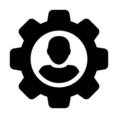 Düz renkli glyph pictogram illüstrasyon ayarları ve yapılandırma için dişli cogwheel ile kişi simgesi vektör erkek kullanıcı profili avatar