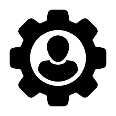 Düz renkli glyph pictogram illüstrasyon ayarları ve yapılandırma için dişli cogwheel ile Işçi simgesi vektör erkek kişi profil avatar