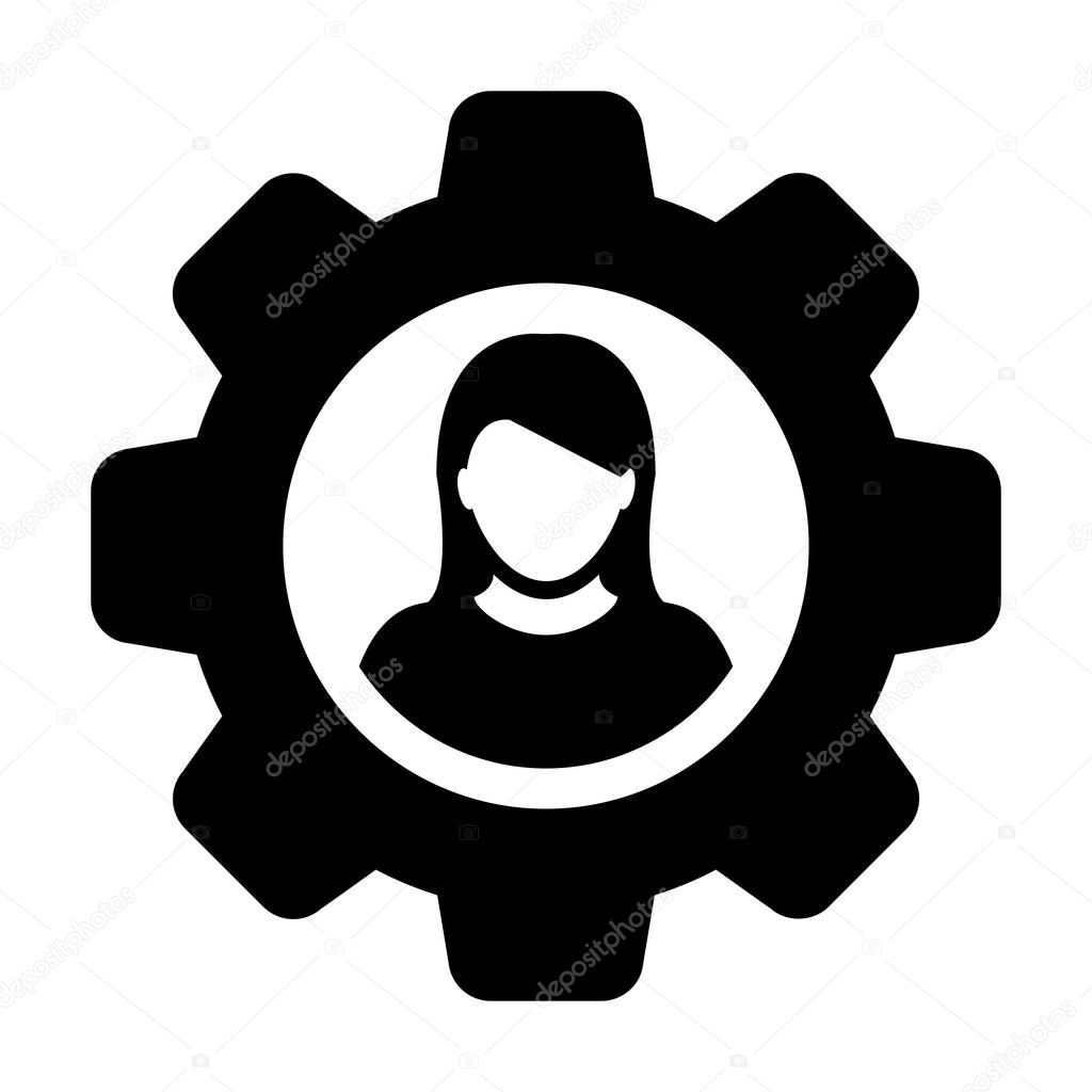 Person icon vector female user profile avatar with gear cogwheel for settings and configuration in flat color glyph pictogram illustration