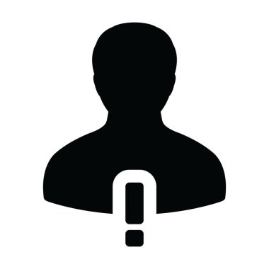 Müşteri simgesi erkek vektör profil avatar sembolü. Uyarı işareti ile birlikte bir kabartma resim çizimi
