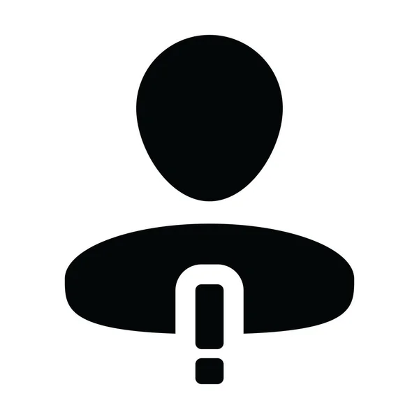 Sinal ícone vetor perfil de pessoa masculina avatar símbolo com sinal de alerta em um pictograma de glifo ilustração — Vetor de Stock
