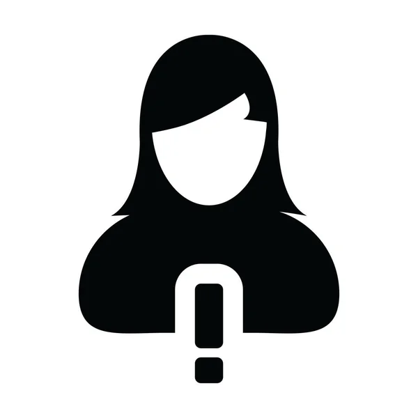 User  icon vector female person profile avatar symbol with alert sign in a glyph pictogram illustration — Stock Vector