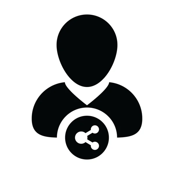 Ícone de rede de interação vetor de perfil de pessoa masculina avatar com símbolo de ação em uma ilustração de pictograma de glifo —  Vetores de Stock