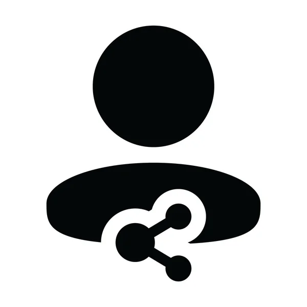 Ícone de compartilhamento social vetor de perfil de pessoa masculina símbolo avatar com sinal de rede em uma ilustração de pictograma de glifo — Vetor de Stock
