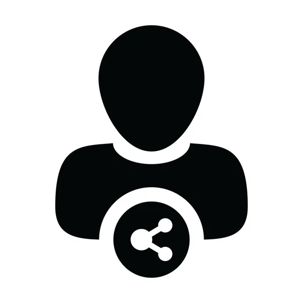 Ícone de compartilhamento social vetor de perfil de pessoa masculina símbolo avatar com sinal de rede em uma ilustração de pictograma de glifo —  Vetores de Stock