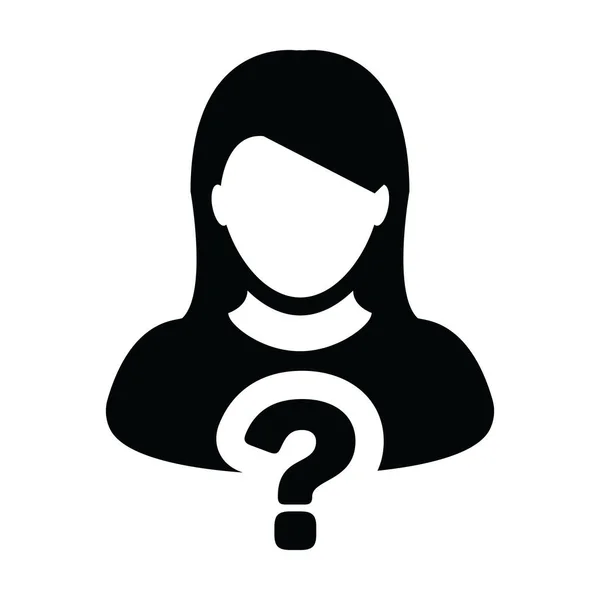 Enquiry icon vector question mark with female user person profile avatar symbol for help sign in a glyph pictogram illustration — Stock Vector