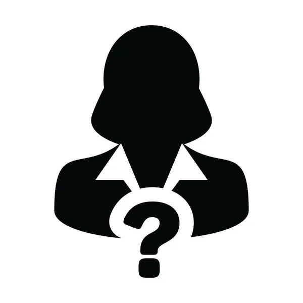 Doubt icon vector question mark with female user person profile avatar symbol for help sign in a glyph pictogram illustration — Stock Vector