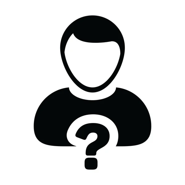 FAQ icon vector question mark with male user person profile avatar symbol for help sign in a glyph pictogram illustration — Stock Vector