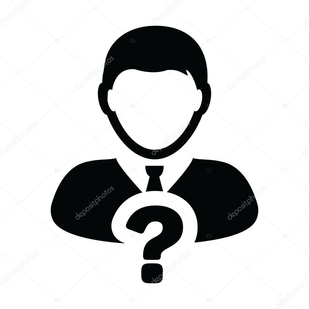 Forum icon vector question mark with male user person profile avatar symbol for help sign in a glyph pictogram illustration