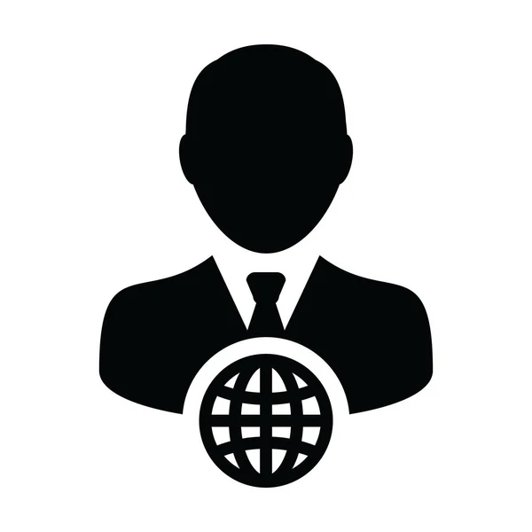 Kommunikation ikon vektor glob med manlig person profil avatar symbol för ett företagsnätverk i en platt färg glyf piktogram illustration — Stock vektor