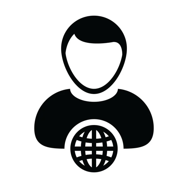 Hantering ikon vektor glob med manlig person profil avatar symbol för ett affärsnätverk i en platt färg glyf piktogram illustration — Stock vektor