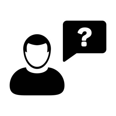 Soru işareti ikonu erkek vektör profil avatarı konuşma balonu sembolü ile tartışma ve bilgi düz renk çizimi resimleme