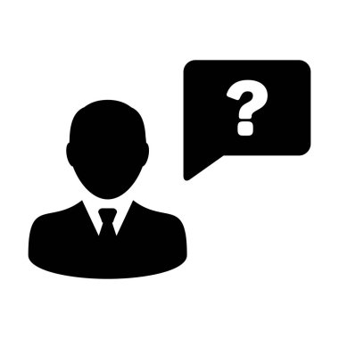 Soru ikonu vektörü erkek profil avatarı. Düz renkli bir resim çiziminde yardım imzası için konuşma balonu sembolü.
