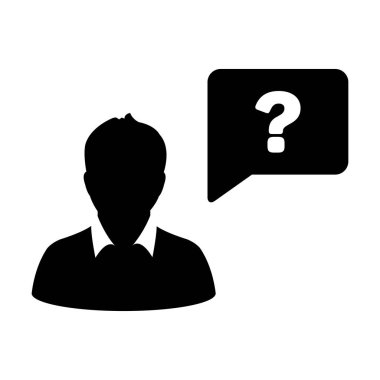 Soru işaretli konuşma baloncuğu sembolü olan kişi profili avatarı düz renk sembolü resimlemesinde yardım için