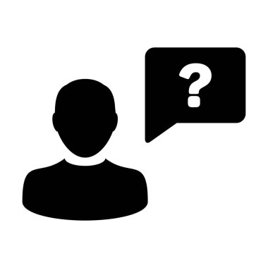 Soru işaretli konuşma balonu sembolü olan kişi simgesi, tartışma ve bilgi için düz renk resimli resim çizimi için vektör erkek profil avatarı