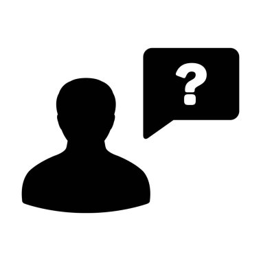 Soru işareti konuşma balonu sembolü olan kullanıcı simgesi, tartışma ve bilgi için düz renk resimli resim çizimi için erkek vektör avatarı profili.