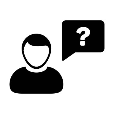 Soru işareti konuşma baloncuğu sembolü olan Avatar simgesi tartışma ve bilgi için düz renk resimli resim çizimi için erkek vektör profili