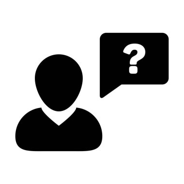 Soru işareti konuşma baloncuğu sembolü olan kullanıcı simgesi düz renk çizimi resimlemesindeki yardım için erkek profil avatarı