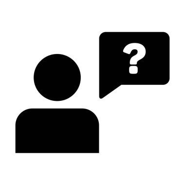 İnsanlar, tartışmalar ve bilgi imzaları için düz renk çizimi resimlemesi ile soru işaretli konuşma balonu sembolü olan erkek karakter profili avatarı ikonu