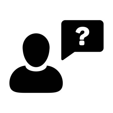 İnsanlar, tartışma için soru işareti konuşma balonu sembolü olan erkek profil avatarını simgelerler ve düz renk resim çiziminde imza atmalarına yardım ederler