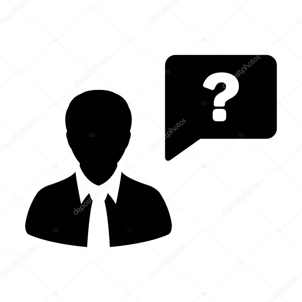 Profile icon with question mark speech bubble symbol vector male person avatar for help in a flat color glyph pictogram illustration