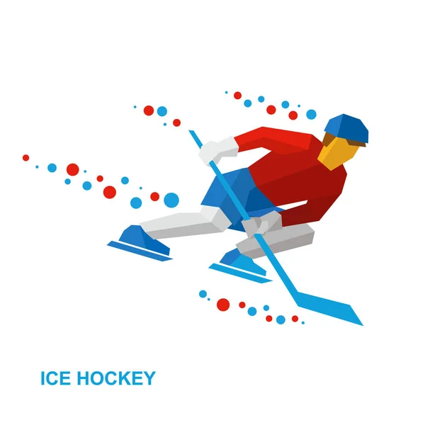 Cartoon player with hockey-stick rides on skates.