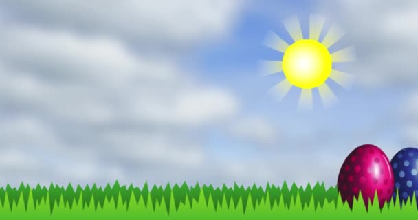 Jasný velikonoční vajíčka na zelené trávě pod žlutým sluncem. Objekty pohybující se zprava doleva. Karikatura intro pro dovolenou s místem pro text. 4k videa s alfa kanálem.