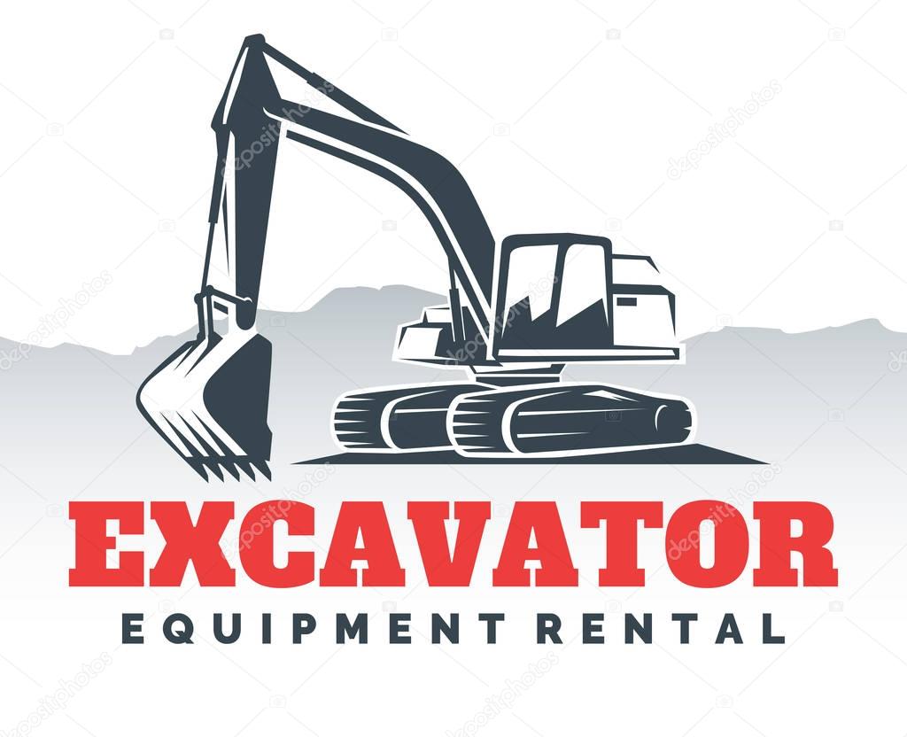 Set of excavator logos, emblems and badges isolated on white background. Constructing equipment design elements. Heavy excavator machine with shovel.
