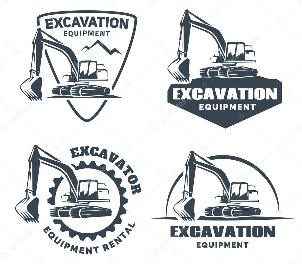 Set of excavator logos, emblems and badges isolated on white background. Constructing equipment design elements. Heavy excavator machine with shovel.