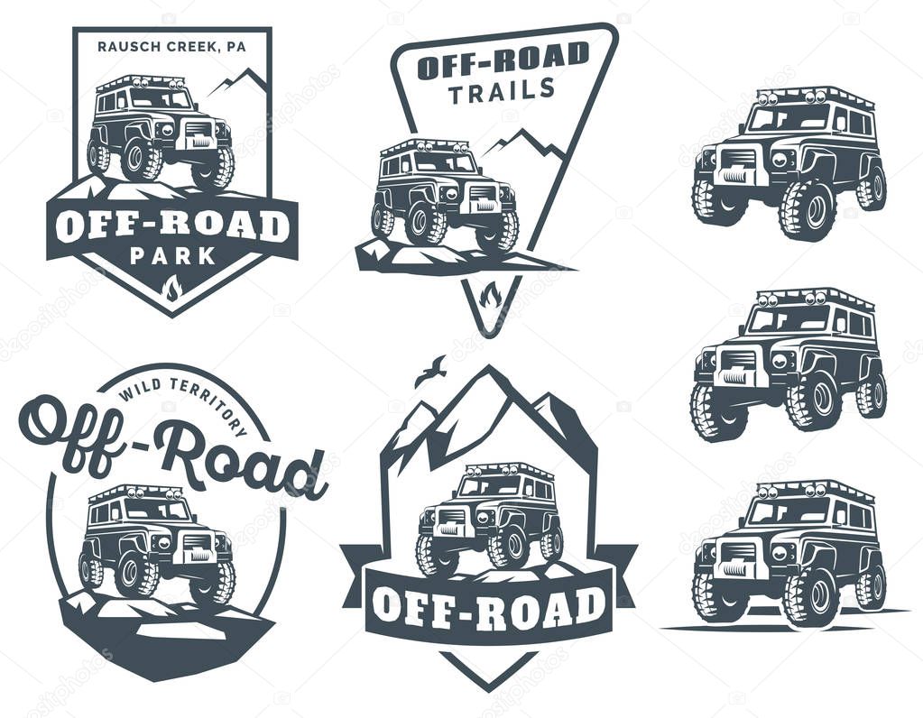 Set of off-road suv car monochrome logo, emblems and badges isolated on white background. Rock crawler car in mountains. Off-roading trip emblems, 4x4 extreme club emblems.