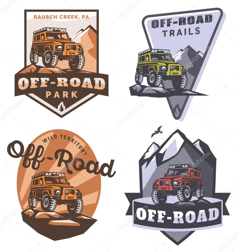 Set of off-road suv car monochrome logo, emblems and badges isolated on white background. Rock crawler car in mountains. Off-roading trip emblems, 4x4 extreme club emblems.