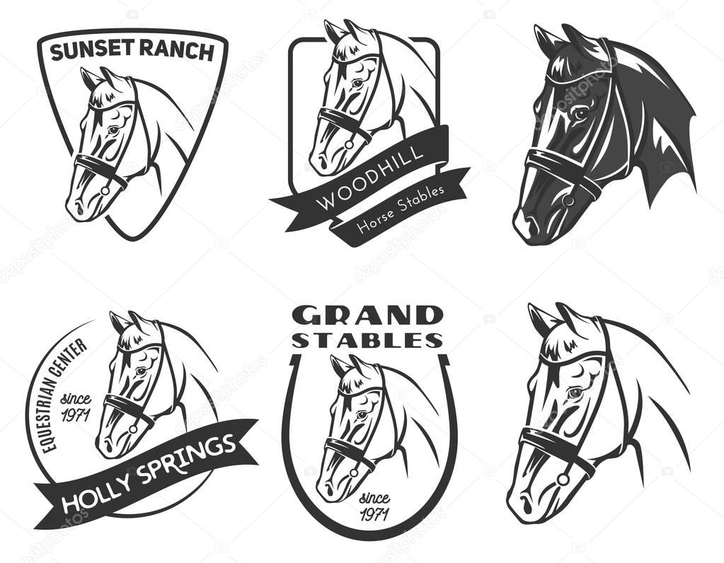Set of horse head logo, badges and emblems.