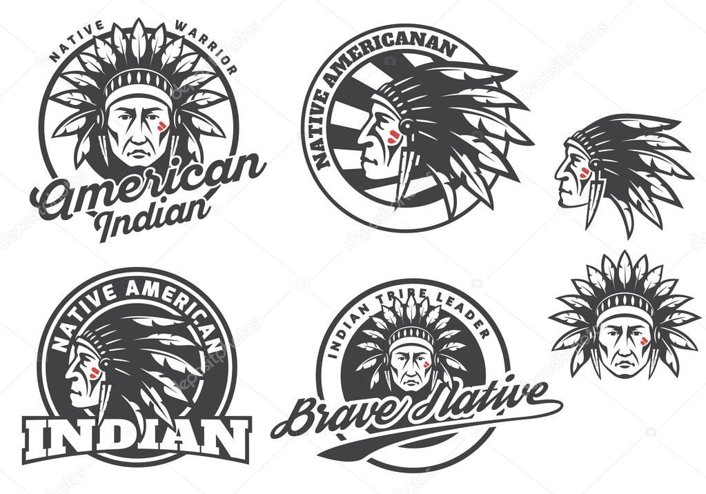 Set of american indian round logo, badges and emblems isolated on white background. Face of american indian.
