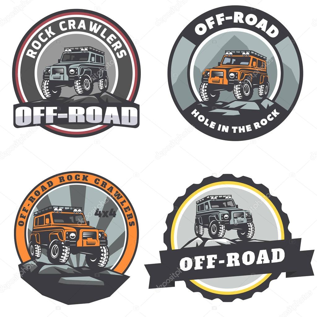 Set of off-road suv car round logo, emblems and badges. Rock crawler car standing on stones.