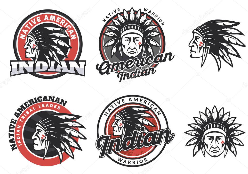 Set of american indian round logo, badges and emblems.