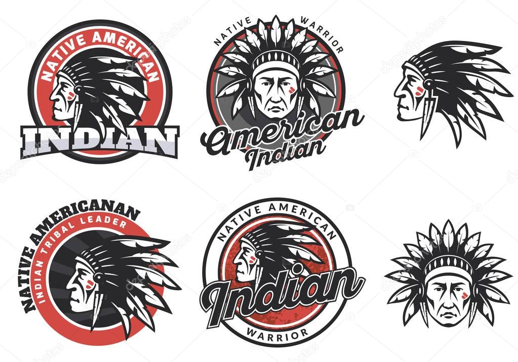Set of american indian round logo, badges and emblems isolated on white background. Face of american indian.
