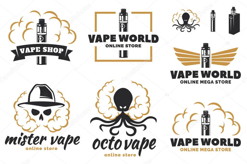 Set of vape, e-cigarette logo, emblems, and badges isolated on w