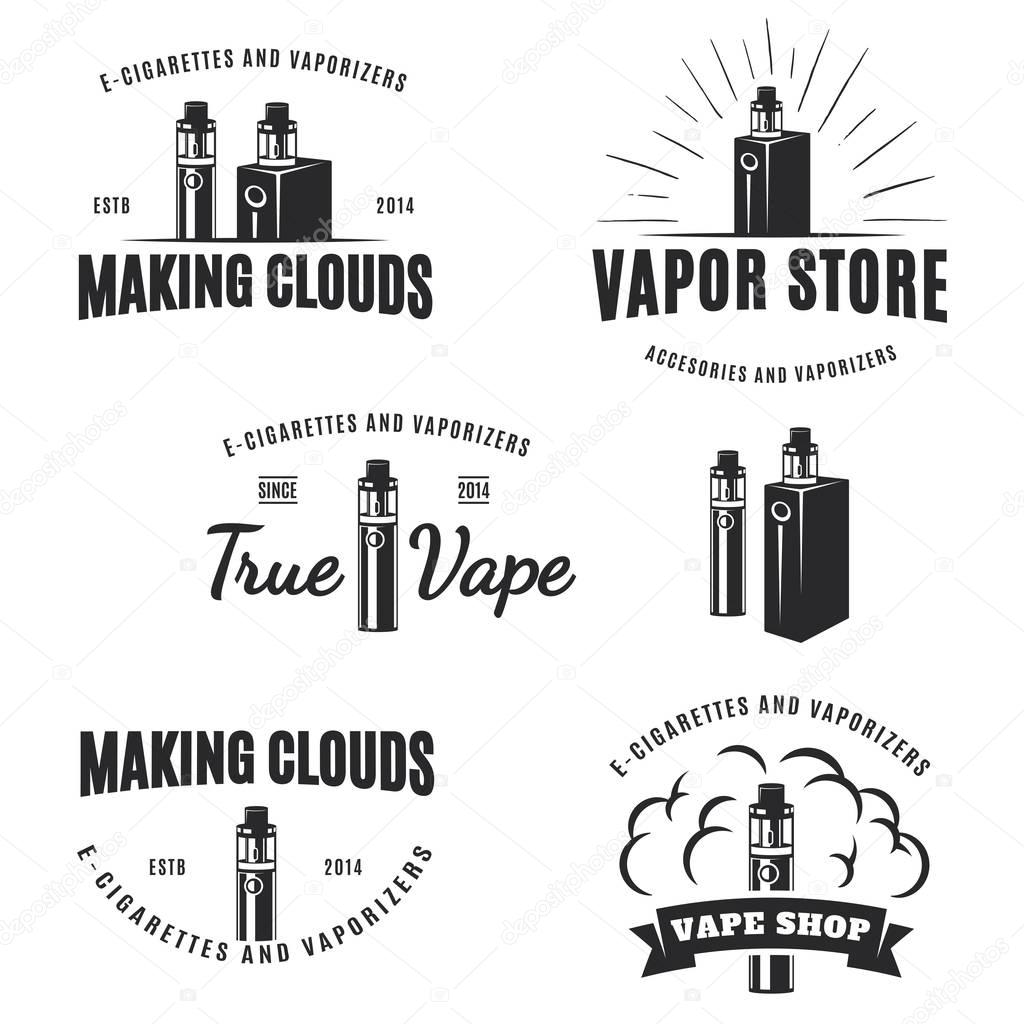 Set of vape, e-cigarette logo, emblems, and badges isolated on white background. Vector vintage illustration.