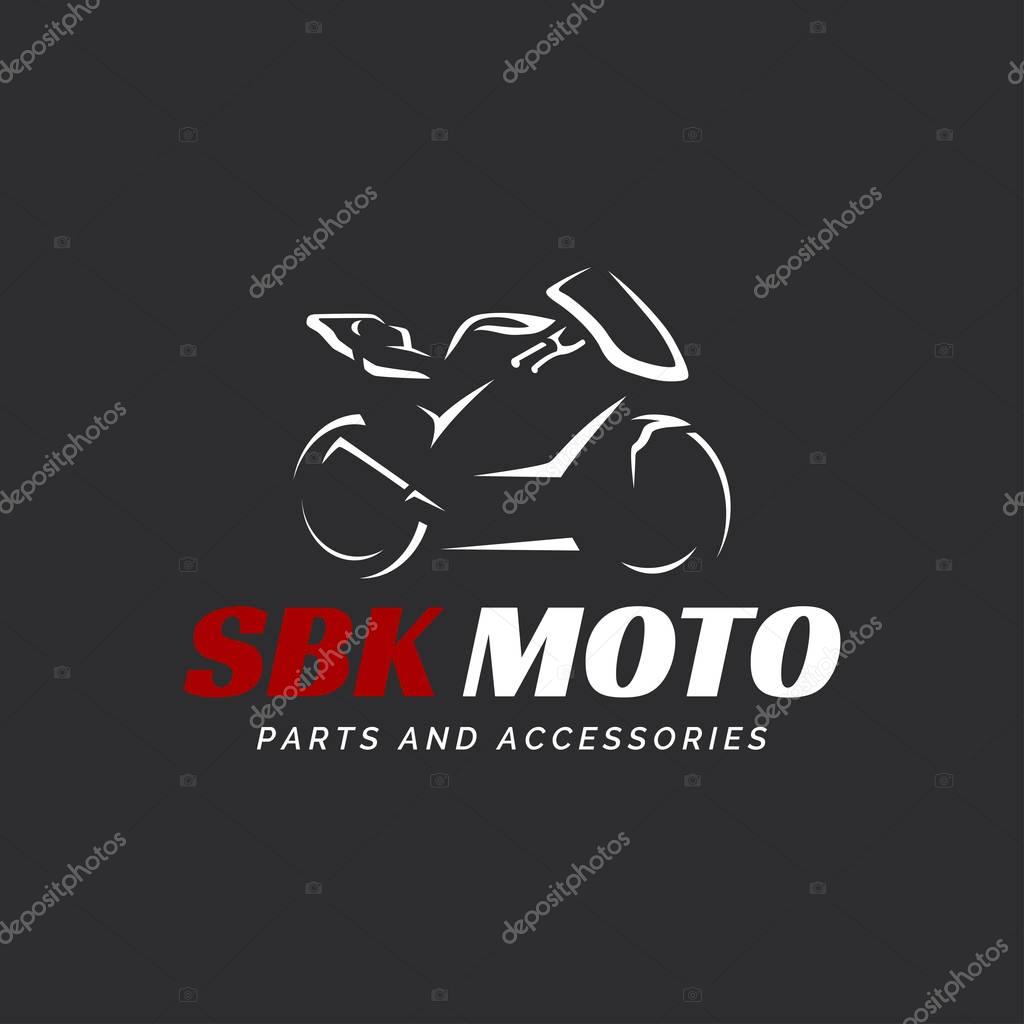 Motorcycle logo on dark background. Modern superbike silhouette.