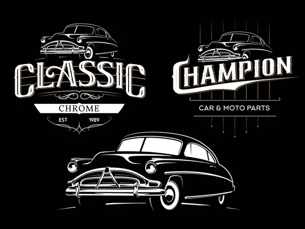 Tipografía de coches clásicos emblemas sobre fondo negro. Prin camiseta — Vector de stock