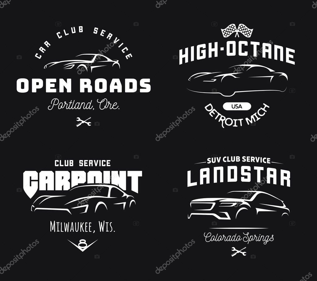 Set of modern sports car and SUV logo, emblems and badges on black background.
