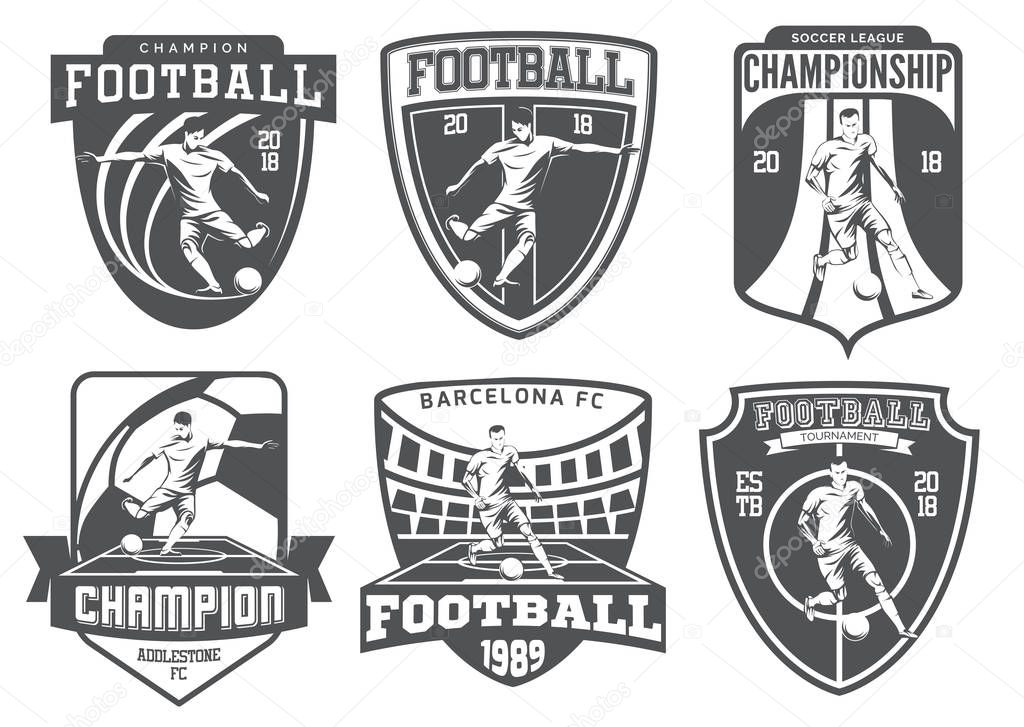 Set of vintage football emblems, badges and icons isolated on wh